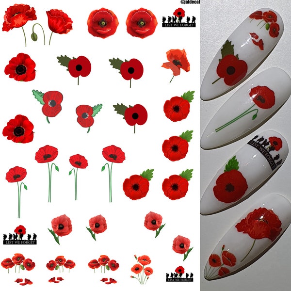 Nail Art Water Decals - Poppy Poppies and Remembrance Day WWI 1918 11.11