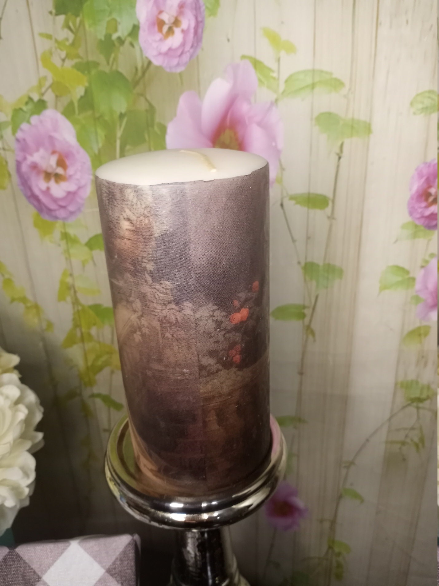 Tall Pillar Candle Victorian Lady Decoupage Unscented Home Etsy