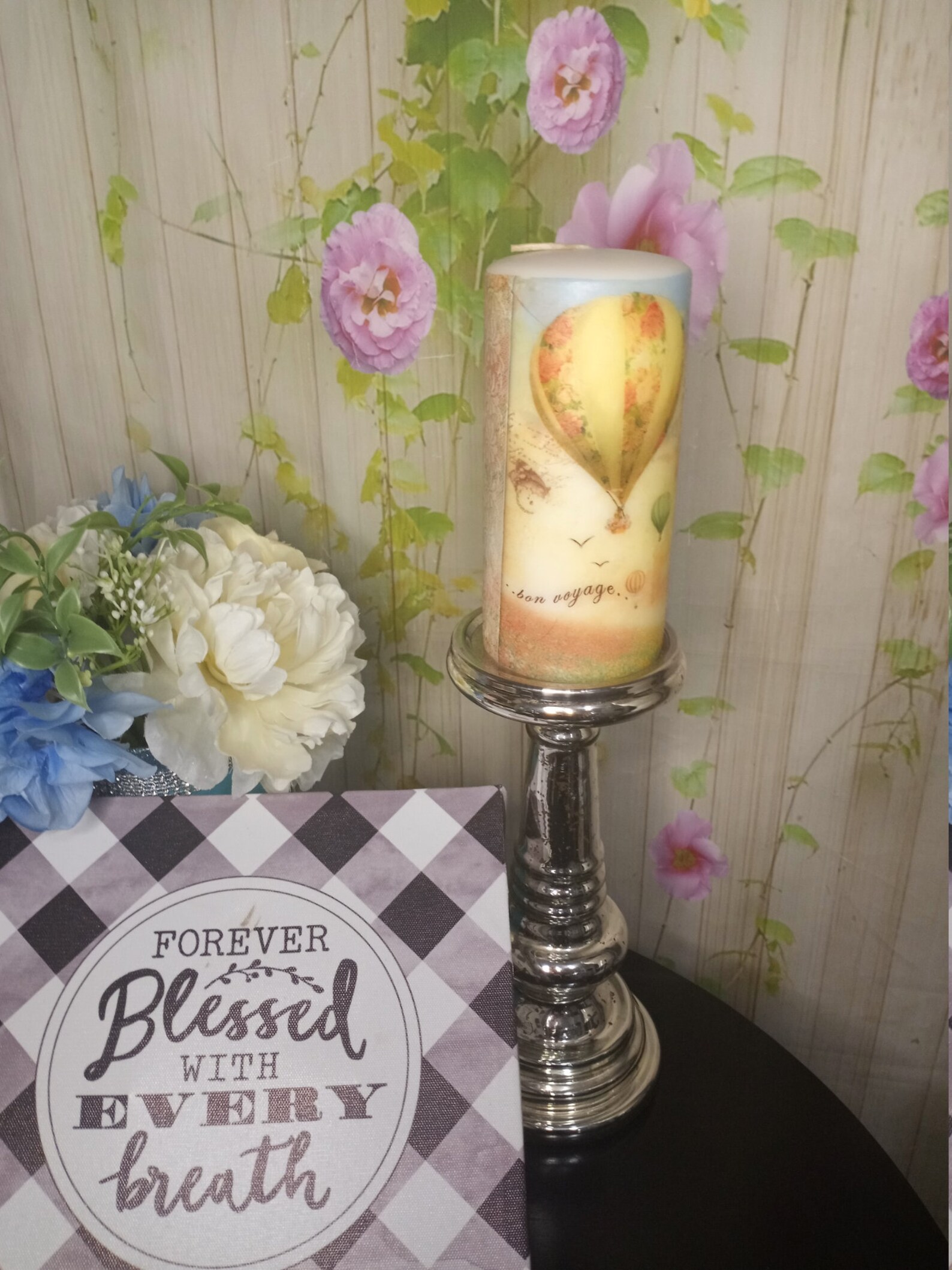 Tall Pillar Candle Hot Air Balloon Flowered Etsy