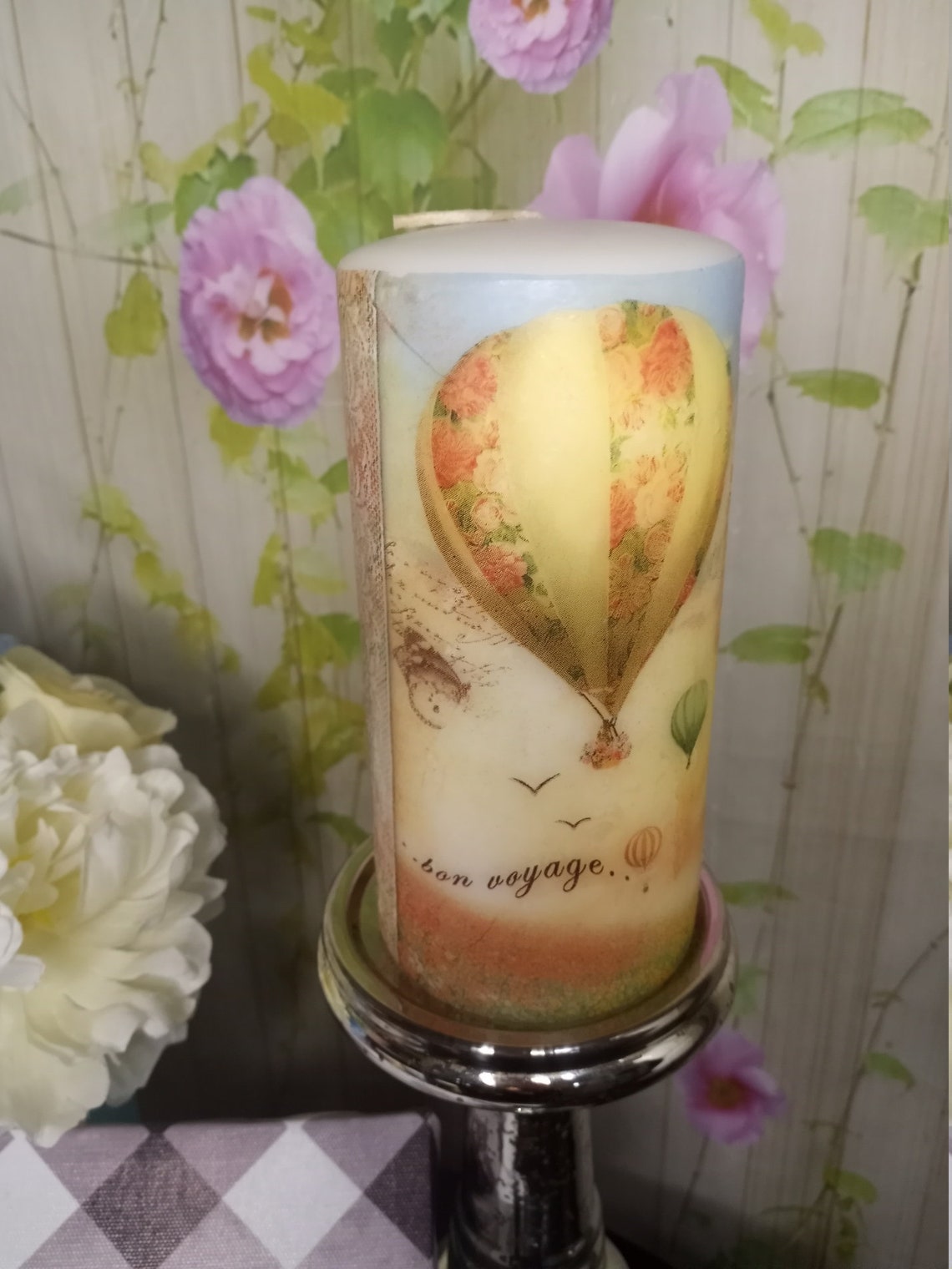 Tall Pillar Candle Hot Air Balloon Flowered Etsy