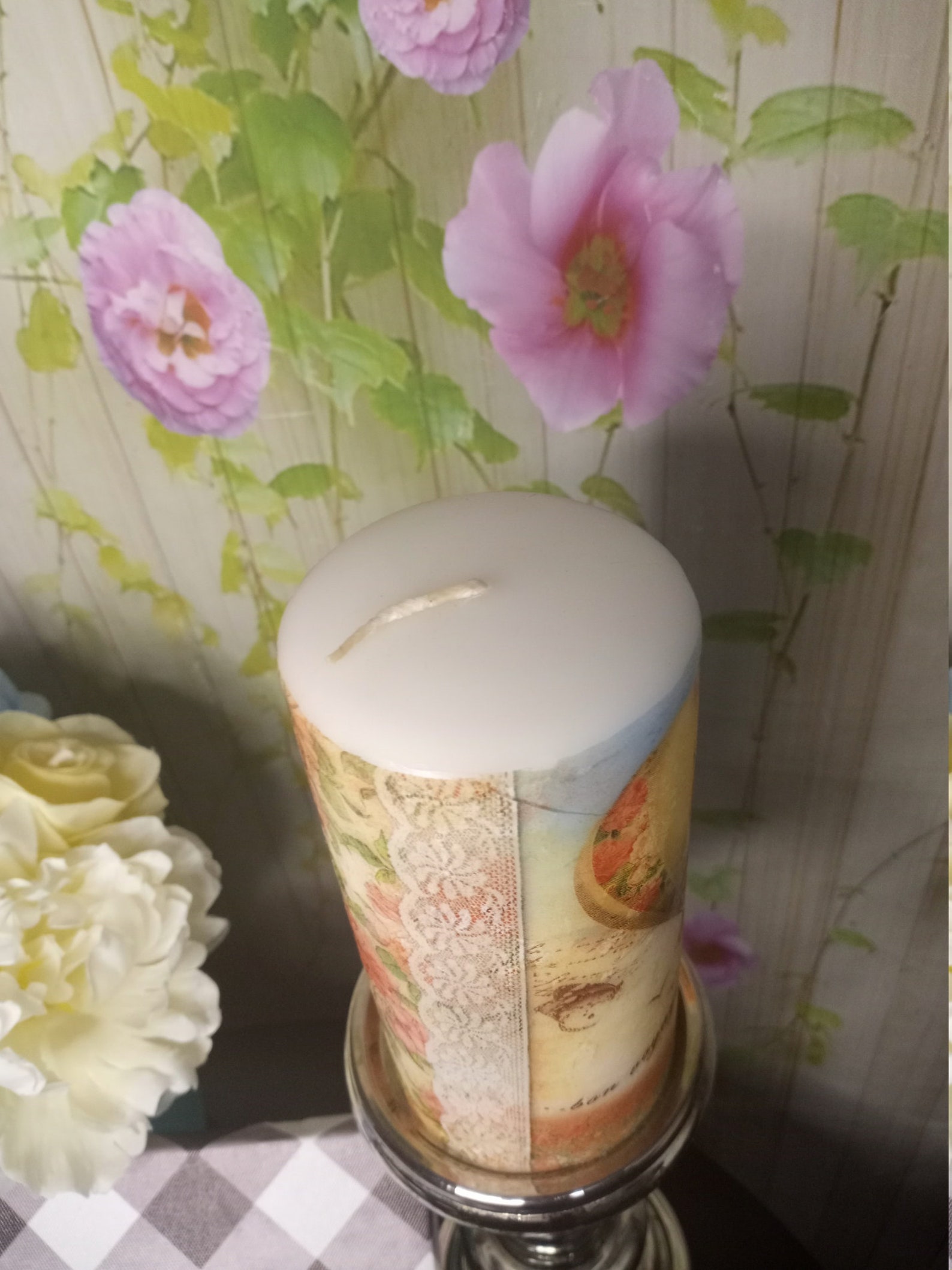 Tall Pillar Candle Hot Air Balloon Flowered Etsy