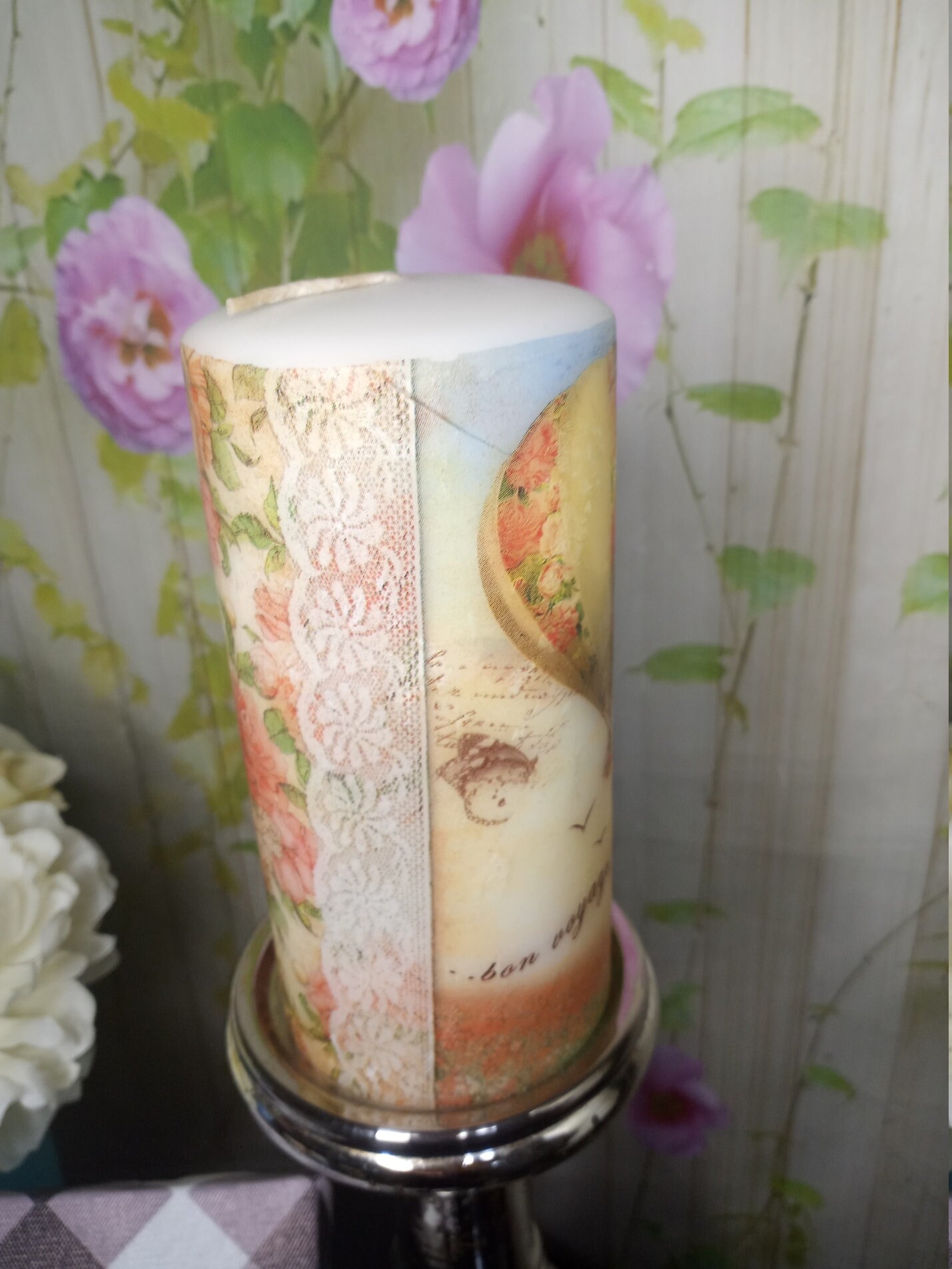 Tall Pillar Candle Hot Air Balloon Flowered Etsy