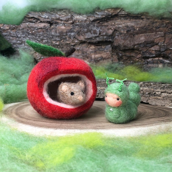 Apple Mice Caterpillar Mouse Apple Felt Animal Waldorf Seasonal Table Natural Table Felt Apple Mouse Felted Spring Felt Cave Friendship Friends