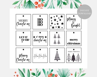 Printable Square Christmas Present Gift Tags. Black and White. PDF. Digital Download. 6cm. 12 Tags. Monochrome. Minimalistic. Holiday Tags.