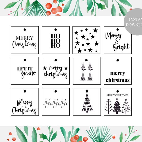 Printable Square Christmas Present Gift Tags. Black and White. PDF. Digital Download. 6cm. 12 Tags. Monochrome. Minimalistic. Holiday Tags.