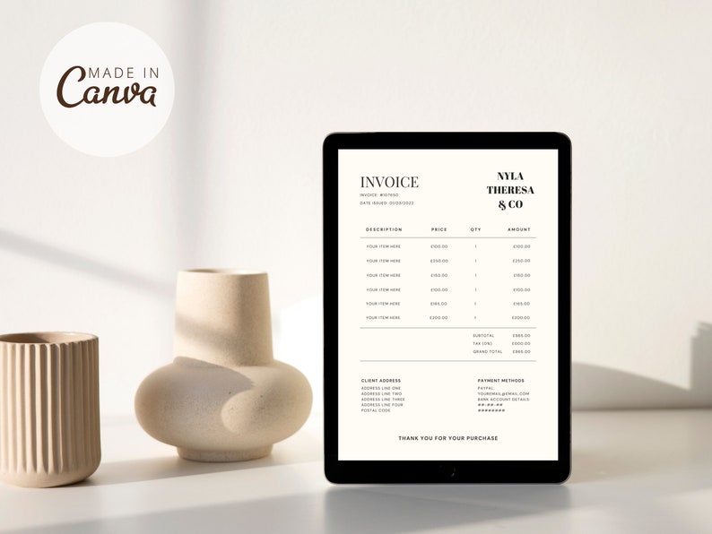 Editable Invoice Template. Canva. Black Grey Beige. A4. A5. US Letter. Client Receipt. Small Business Templates. Minimalistic Design. 