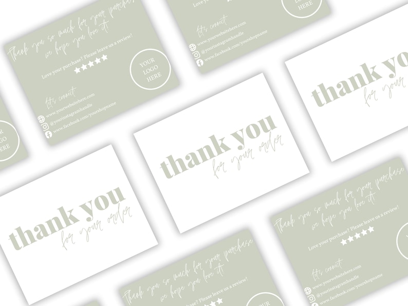 Editable Thank You Business Cards Template. Canva. Sage Green White Aesthetic. A6. Small Business. Minimalistic Design. Packaging Supplies 