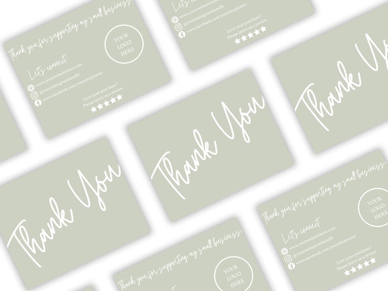 Editable Thank You Business Cards Template. Canva. Sage Green White Aesthetic. A6. Small Business. Minimalistic Design. Packaging Supplies 