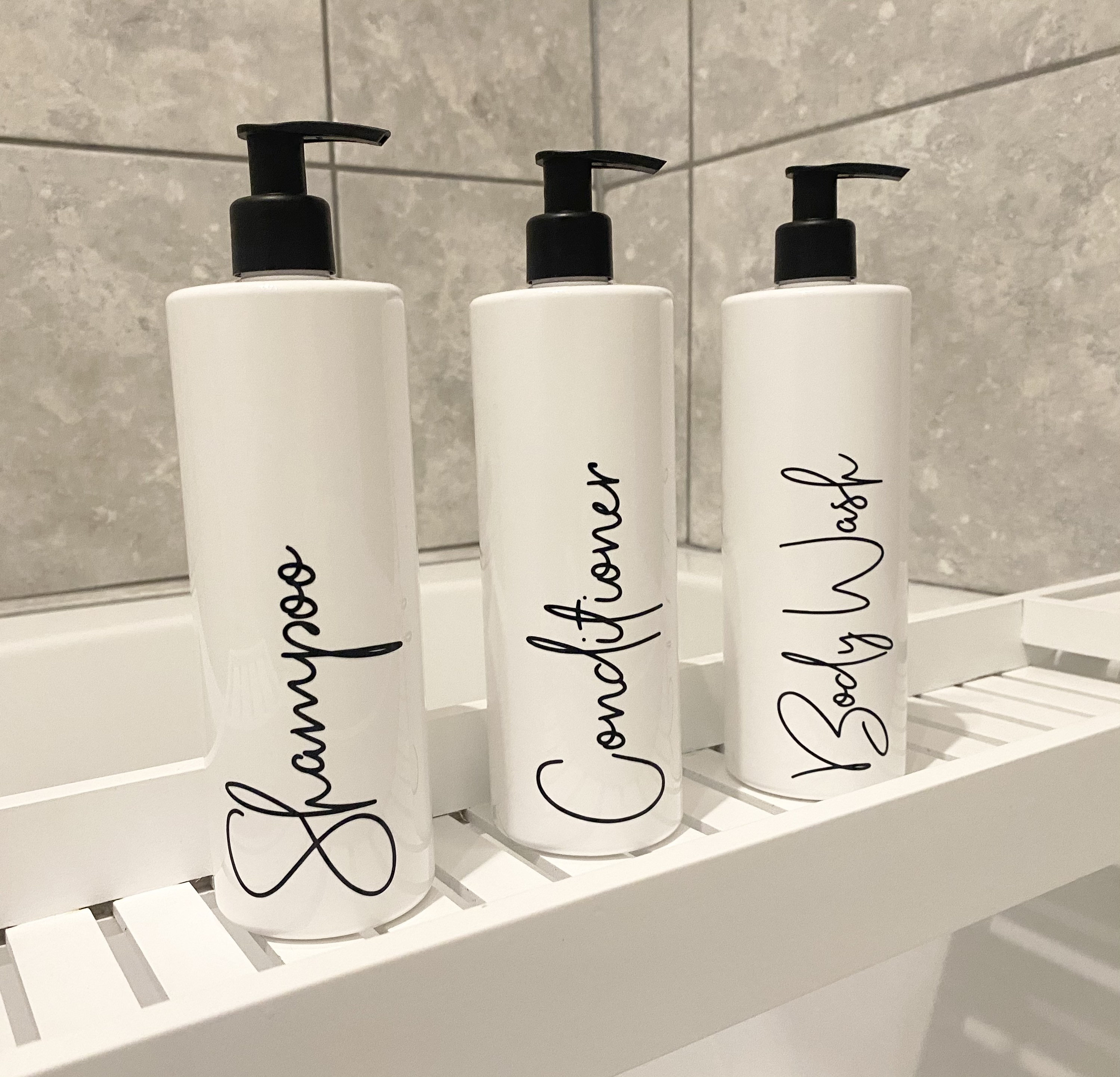 Conditioner Pump Dispenser 500ml Bottle White Bottles, Black Text Personalised Shampoo