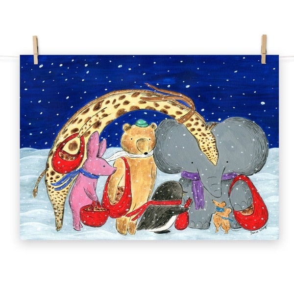 Love in winter art print / brown bear and friends / friendship art