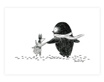 Toby and Lucy Friends Forever Art Print / Squirrel and Penguin / Animal Friendship Ink Illustration