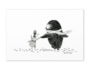 Toby and Lucy Friends Forever Greeting card / Squirrel and Penguin / Animal Friendship Ink Illustration