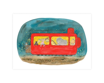 Fireflies Night Train Art Print / Toby's Birthday / George Brown Bear and Friends / Ink and Watercolour Illustration