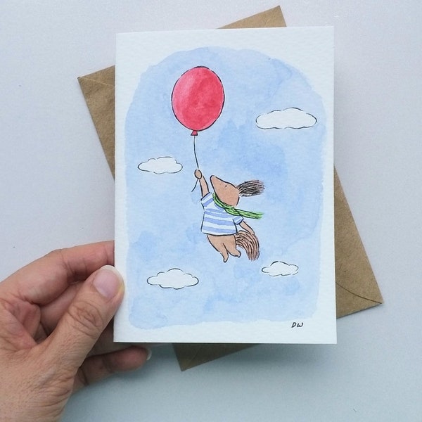 Squirrel and the red balloon handmade card / flying in the sky / custom order / ink and watercolour illustration / cute card