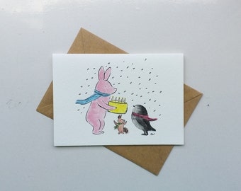 Handgemachte Grußkarte / Happy Birthday / Grußkarte mit Tusche und Aquarell / süße Illustration / Schwein, Eichhörnchen, Pinguin und Kuchen / süße Kunst