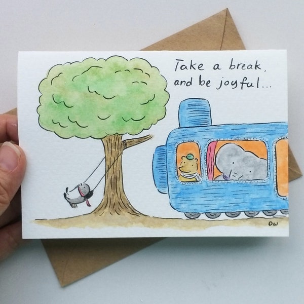 Take a break and be joyful handmade card / custom order / penguin, brown bear, elephant train journey / ink and watercolour illustration