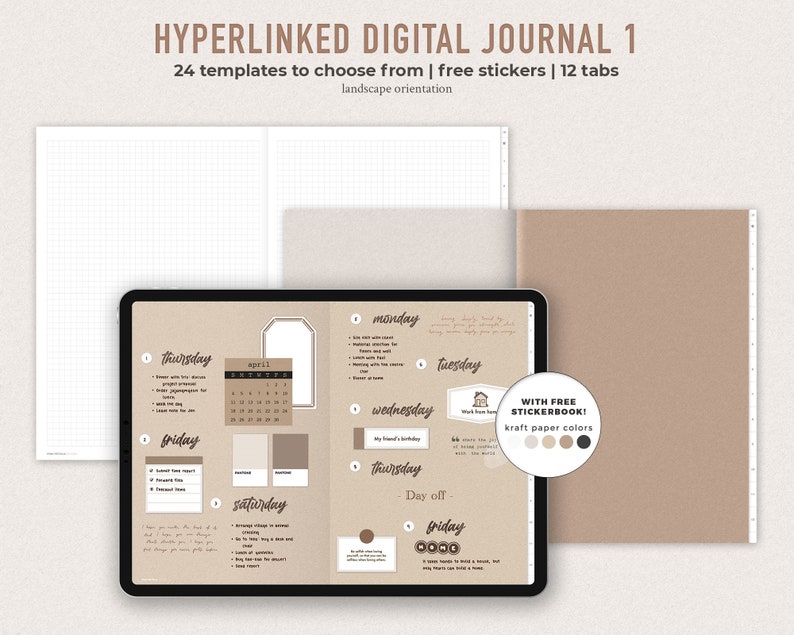 Hyperlinked Digital Journal 12 tabs Neutral kraft papers Free stickerbook image 1