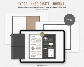 Hyperlinked Digital Journal Slim | 15 tabs | Neutral kraft papers | Free stickerbook | Grey