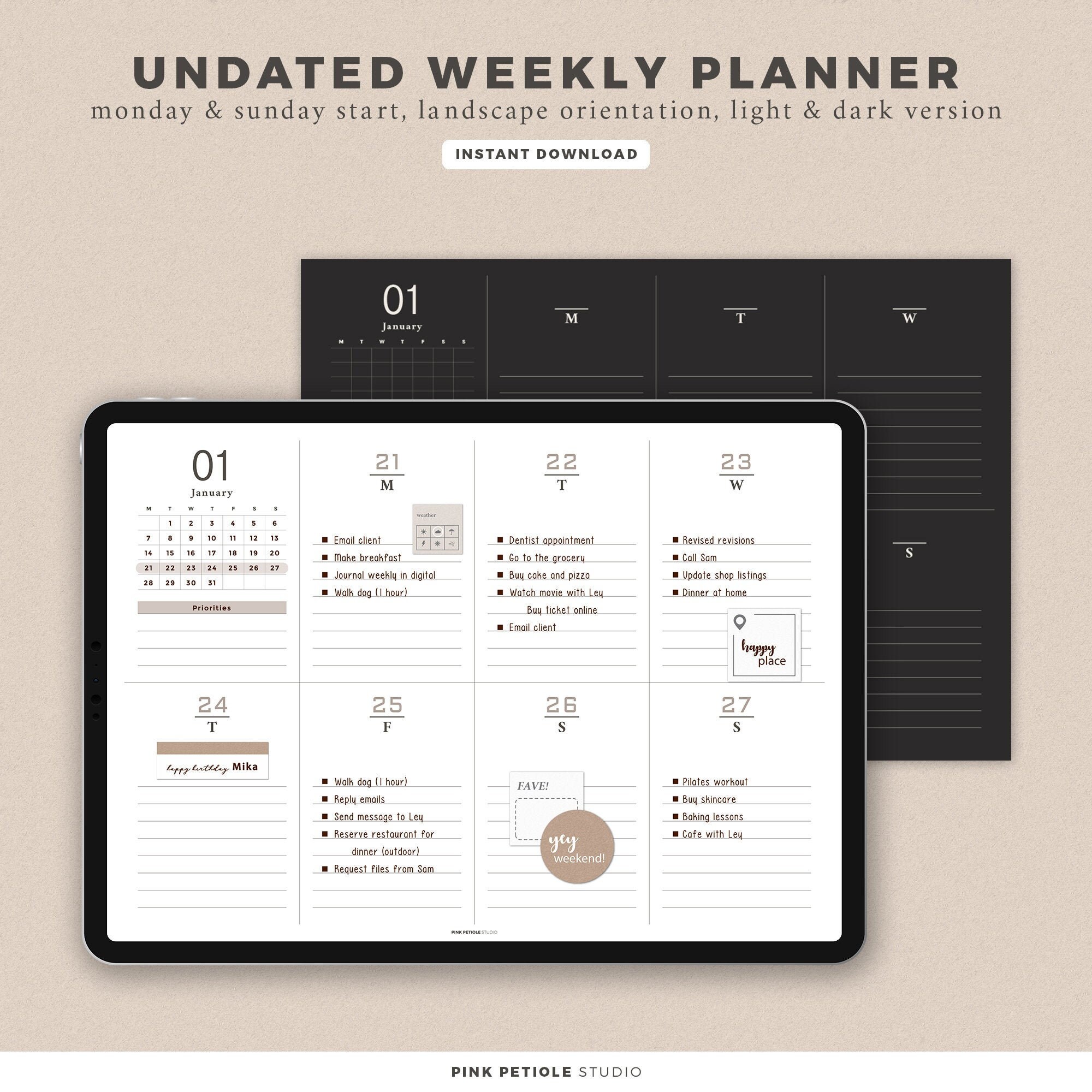 Undated Weekly Minimalist Planner | Printable | Sunday & monday start…