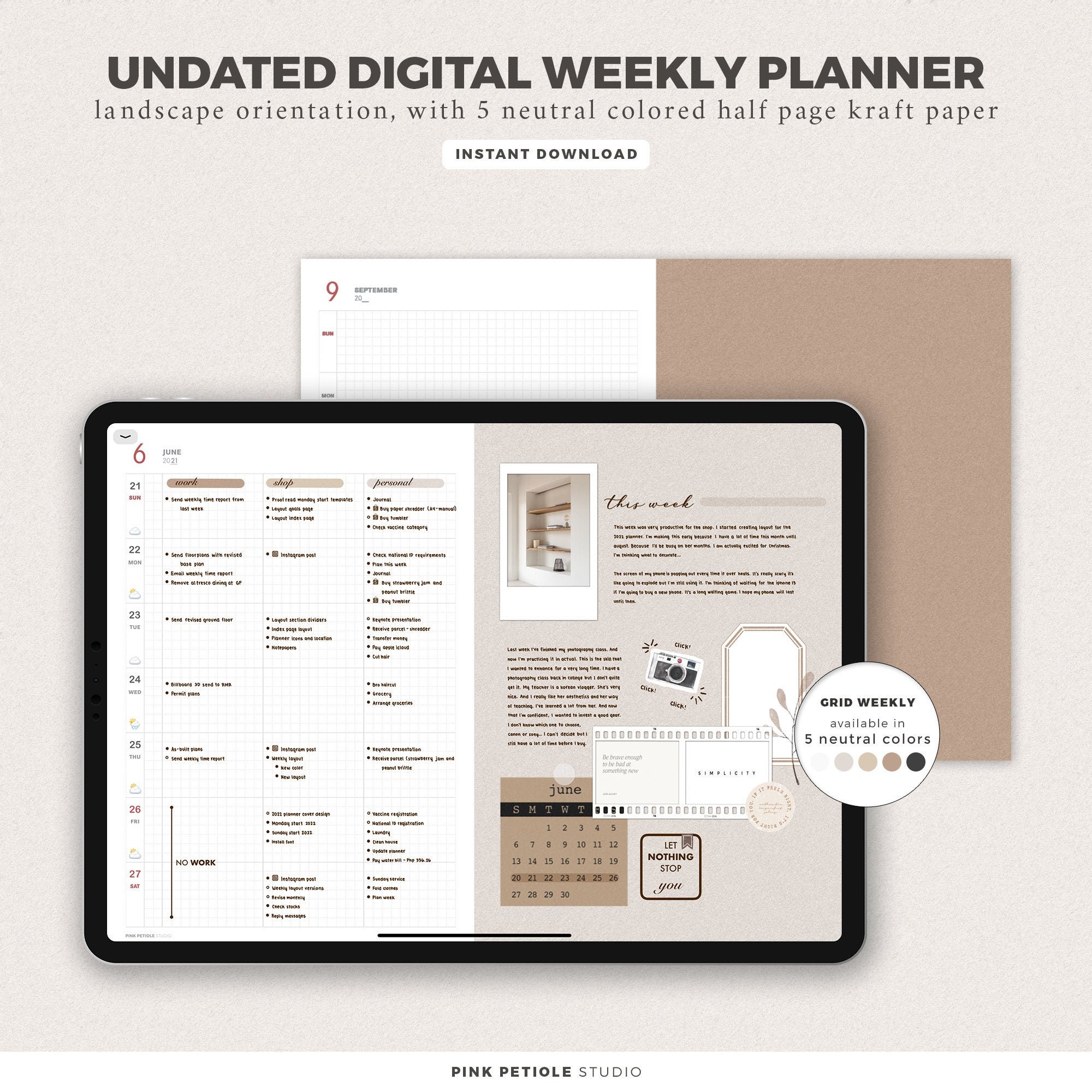 Undated Digital Weekly Minimalist Planner | Landscape | Grid
