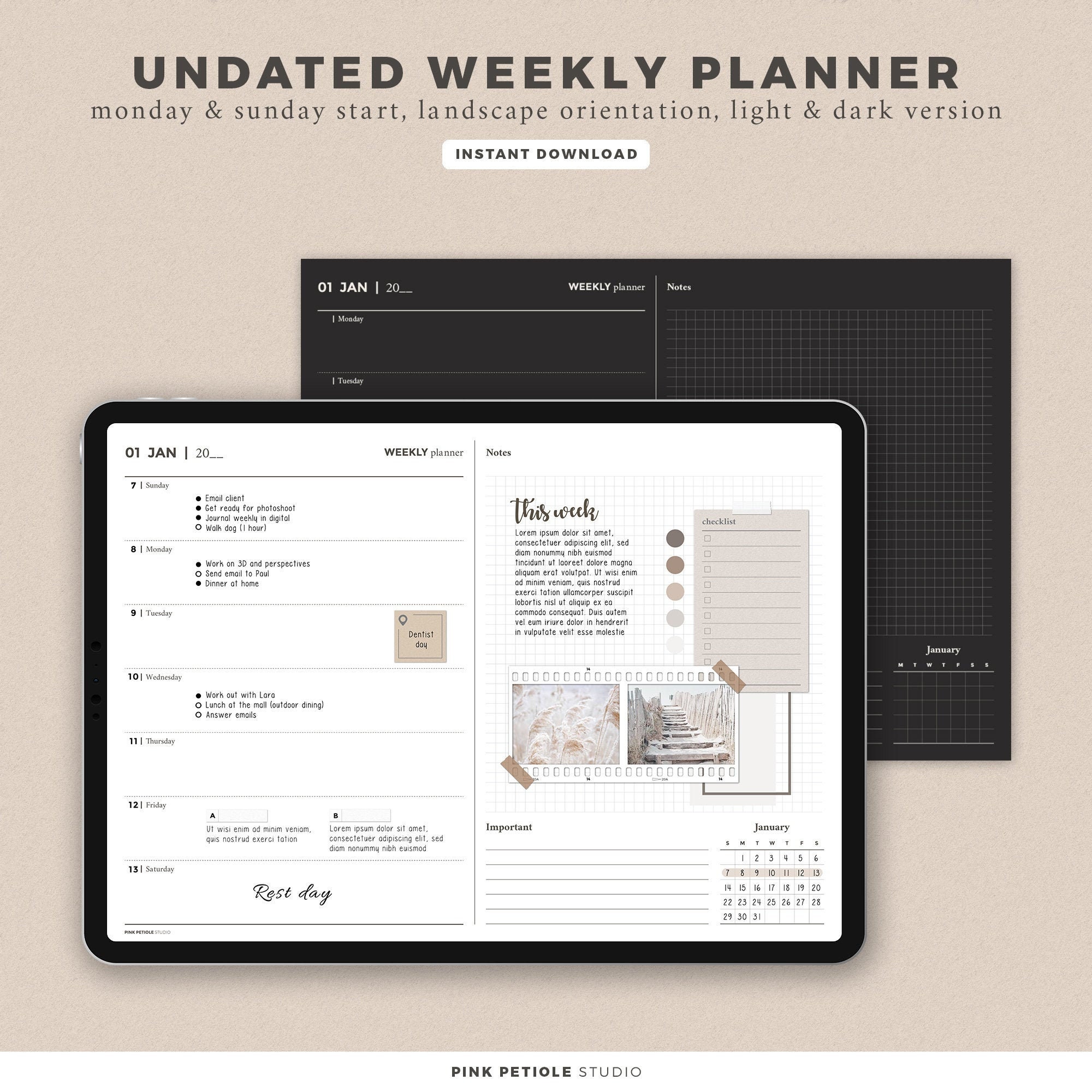 Undated Weekly Minimalist Planner | Printable | Sunday & monday start…