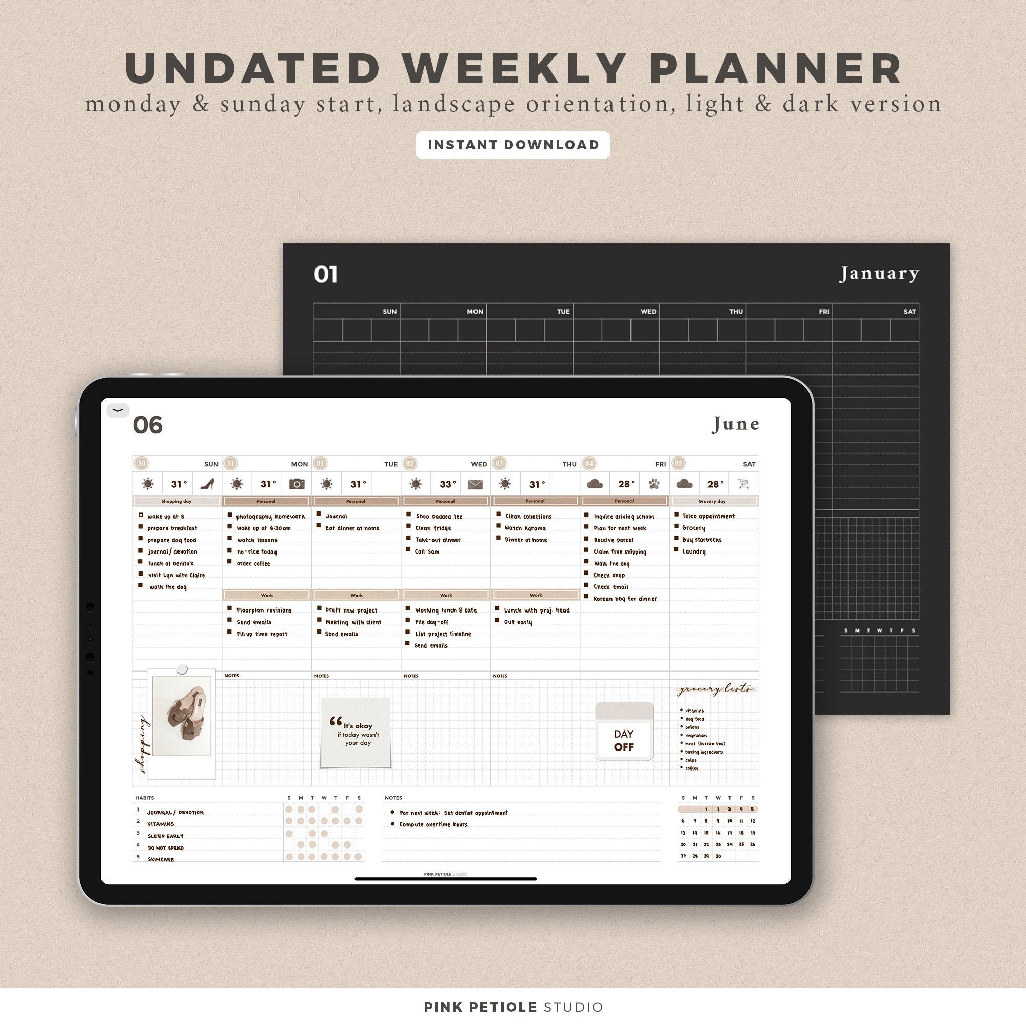 Undated Weekly Minimalist Planner | Printable | Sunday & monday start…