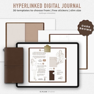 May include: A digital journal template with a dark brown cover and a digital illustration of a woman on a page. The text "DARK BROWN" is in a brown circle at the top of the image. The text "HYPERLINKED DIGITAL JOURNAL" is at the top of the image. The text "30 templates to choose from | free stickers | slim size" is below the title. The text "landscape orientation" is below the previous text. The text "WEEKEND" is in a brown rectangle on the page. The text "GOOD FRIDAY" is in a brown circle on the page. The text "D.PLAN STUDIO" is at the bottom of the page.