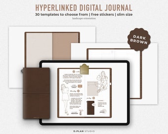 Hyperlinked Digital Journal Slim | 15 tabs | Neutral kraft papers | Free stickerbook | Dark brown