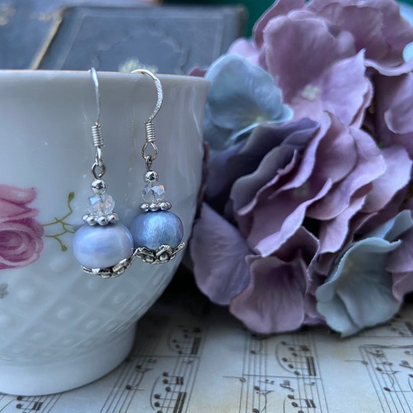 Süßwasserperlen blau silber shabby romantic fairy pearls Perlen silver Ohrringe earrings vintage