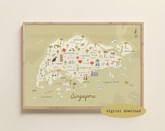Ilustrowana mapa Singapuru – Mapa Singapuru | Plakat z Singapuru | Wydruk z podróży po Singapurze | Sztuka do pokoju dziecięcego w Singapurze | Pobieranie cyfrowe