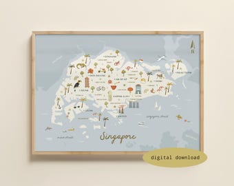 Ilustrowana mapa Singapuru – Mapa Singapuru | Plakat z Singapuru | Wydruk z podróży po Singapurze | Sztuka do pokoju dziecięcego w Singapurze | Pobieranie cyfrowe