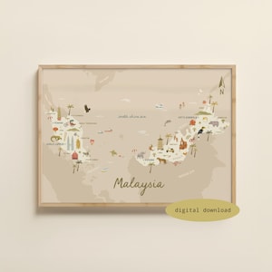 Illustrated Map of Malaysia - Malaysia Map | Malaysia Poster | Malaysia Travel Print | Malaysia Nursery Art | Borneo Map | Digital Download