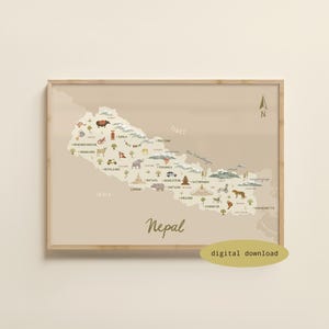 Mapa ilustrado de Nepal - Mapa de Nepal / Póster de Nepal / Impresión de viaje de Nepal / Arte infantil de Nepal / Impresión del mapa del Monte Everest / Descarga digital