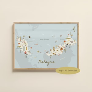 Illustrated Map of Malaysia - Malaysia Map | Malaysia Poster | Malaysia Travel Print | Malaysia Nursery Art | Borneo Map | Digital Download
