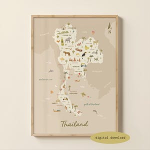 Mapa ilustrado de Tailandia - Mapa de Tailandia / Póster de Tailandia / Impresión de viaje a Tailandia / Regalo de viaje a Tailandia / Descarga digital