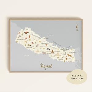 Landkarte Nepal | Illustrierte Landkarte Nepal | Nepal Poster | Landkarte Illustration | Reise Karte Poster | Mount Everest Poster | Druckbare digitale Datei