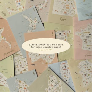 May include: A collection of illustrated country maps in pastel colors, featuring landmarks and wildlife icons. A central oval label with the text 'please check out my store for more country maps!' overlays the maps of Italy, Egypt, Spain, France, and Australia.