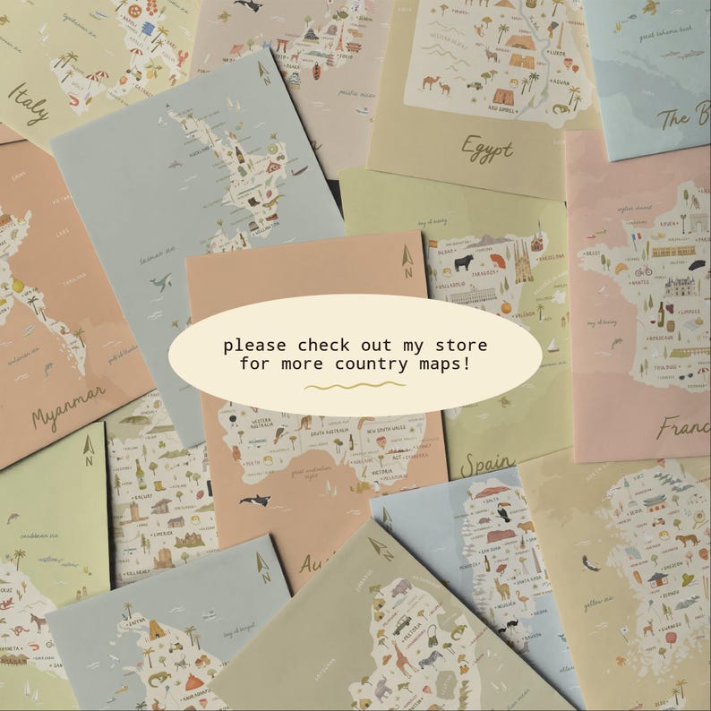 May include: A collection of illustrated country maps in pastel colors, featuring landmarks and wildlife icons. A central oval label with the text 'please check out my store for more country maps!' overlays the maps of Italy, Egypt, Spain, France, and Australia.