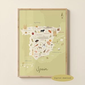 Puede incluir: Una lámina decorativa enmarcada con un mapa de España en color verde claro. El mapa incluye pequeñas ilustraciones de monumentos, comida y animales en varias ciudades, con la palabra Spain escrita en letra cursiva en la parte inferior.