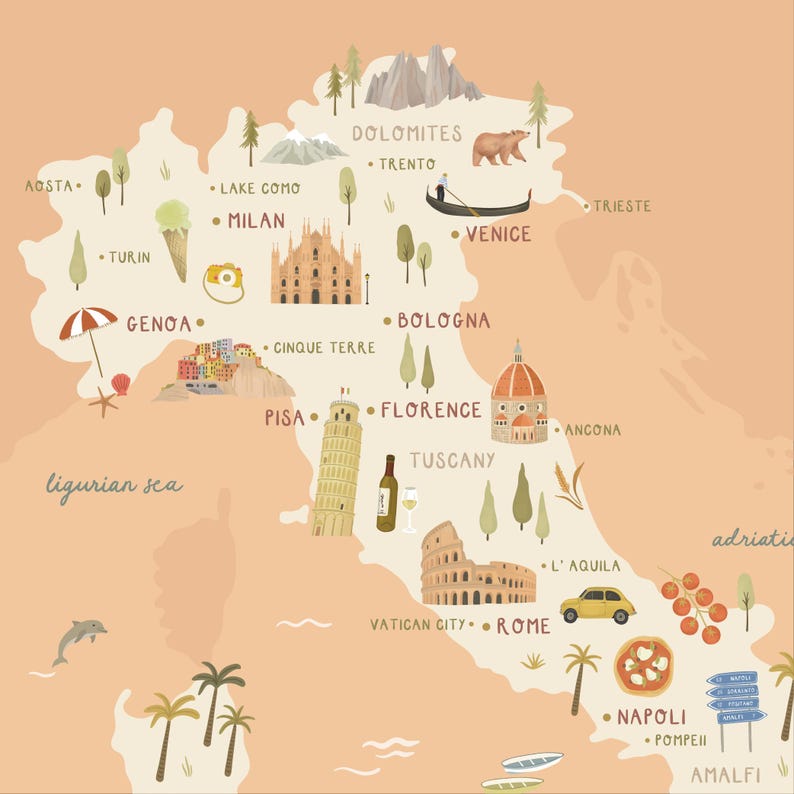 May include: A beige illustrated map of Italy featuring landmarks like the Leaning Tower of Pisa, the Colosseum, and the Duomo of Florence. The map includes icons of a gondola, a bear, a yellow car, pizza, gelato, and wine, with text labels for cities.