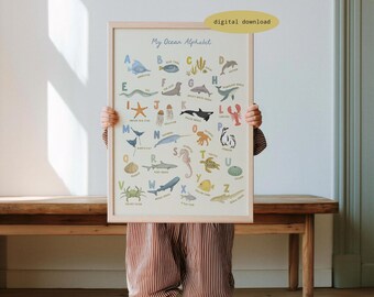 Lámina con el alfabeto de animales marinos para habitación infantil - Decoración infantil con temática marina / Lámina imprimible con el alfabeto del océano / Póster educativo del océano / Lámina con el alfabeto de la playa