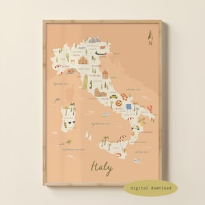 May include: A framed wall art print featuring a stylized map of Italy on a light peach background. The map includes small colorful illustrations of landmarks, food, and nature icons across the country, with the word Italy written at the bottom.