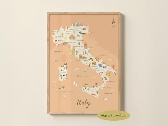 Illustrated Map of Italy - Italy Map | Italy Poster | Italy Travel Print | Italy Nursery Art | Italian Summer Print | Digital Download