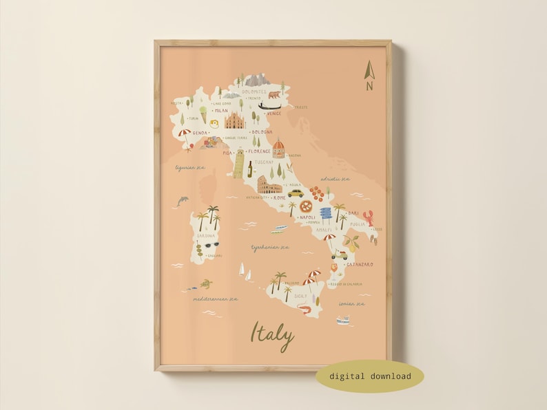 May include: A framed wall art print featuring a stylized map of Italy on a light peach background. The map includes small colorful illustrations of landmarks, food, and nature icons across the country, with the word Italy written at the bottom.