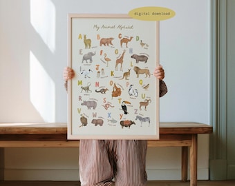 Lámina del alfabeto de animales para habitación infantil - Lámina del alfabeto / Póster imprimible del alfabeto / Decoración infantil / Animales de safari ABC / Animales educativos A-Z