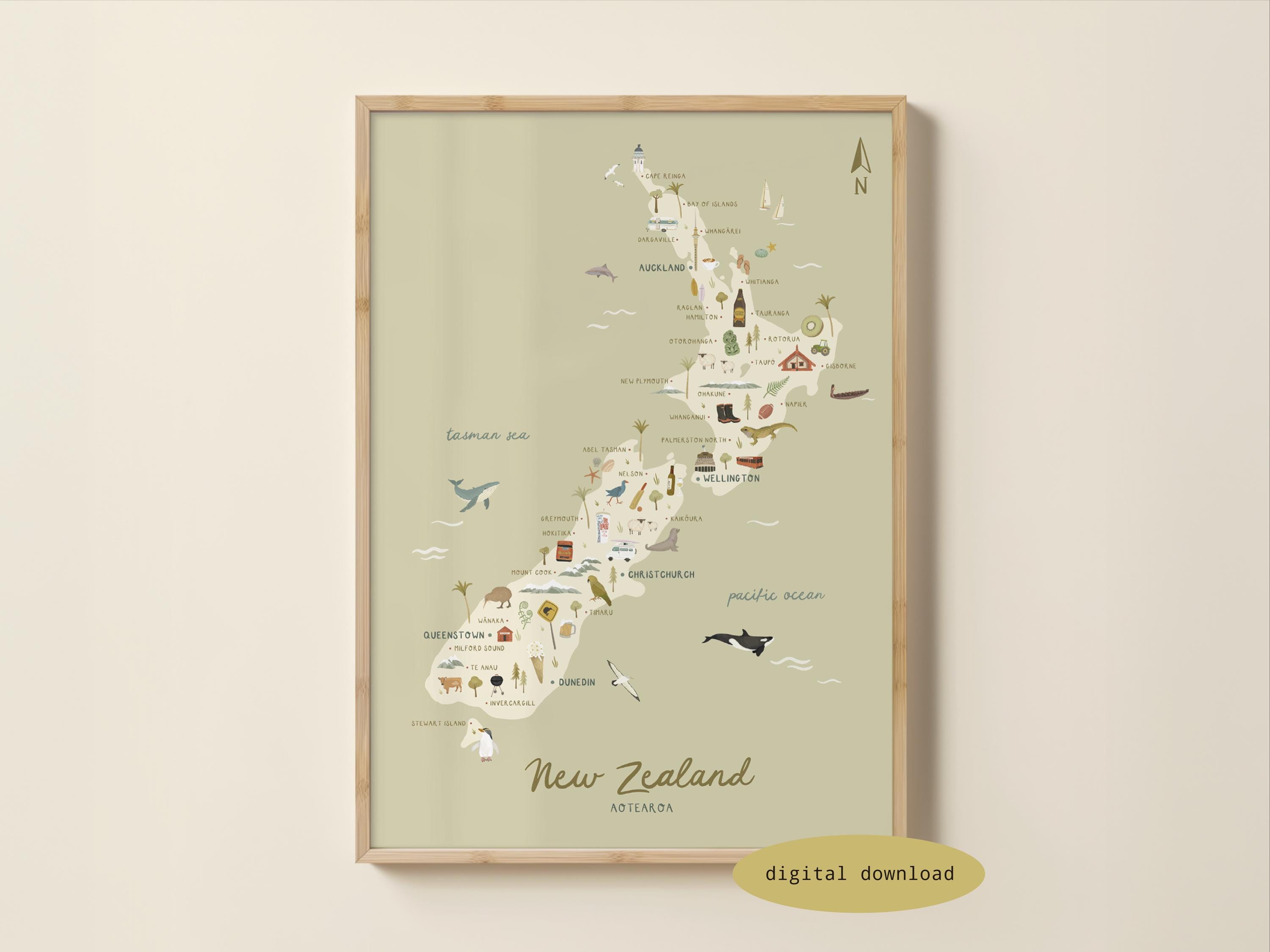 Illustrated Map of New Zealand - New Zealand Map | NZ Poster | New ...