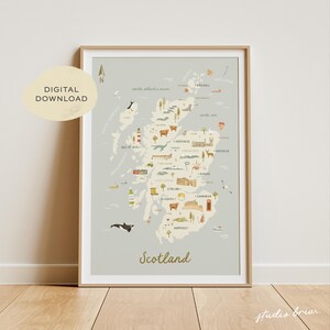 Carte de l'Ecosse | illustrée de la carte de l'Ecosse | Ecosse Impression | Carte de l'Ecosse | affiche de carte de voyage | Art écossais | Téléchargement numérique imprimable