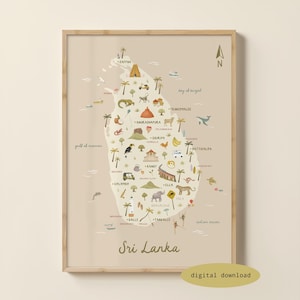 Geïllustreerde kaart van Sri Lanka - Kaart van Sri Lanka | Ceylon-poster | Reisafdruk Sri Lanka | Sri Lanka-kinderkunst | Digitale download