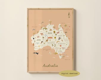 Mappa illustrata dell'Australia - Mappa dell'Australia / Poster dell'Australia / Stampa di viaggio in Australia / Arte per bambini in Australia / Download digitale