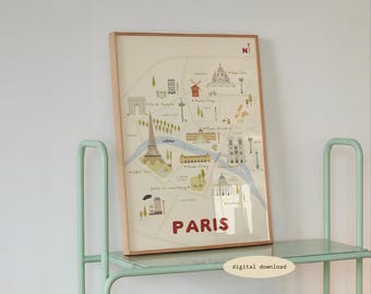 エッフェル塔のあるパリの地図（1889年）、フランスのパリの古い絵地図